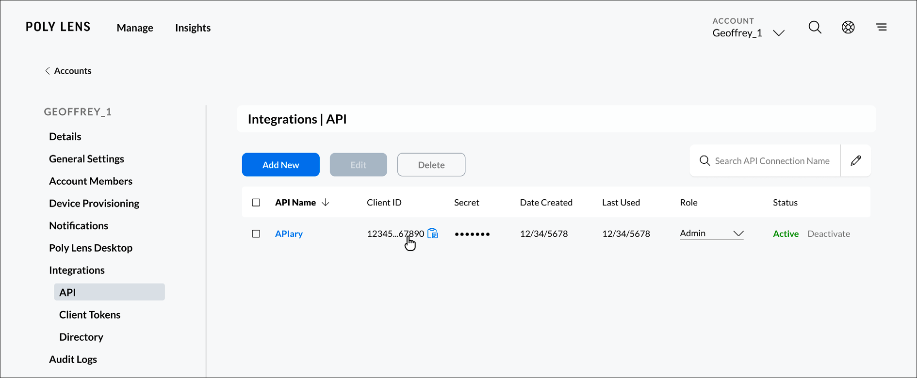 Poly Lens Accounts > Integrations window