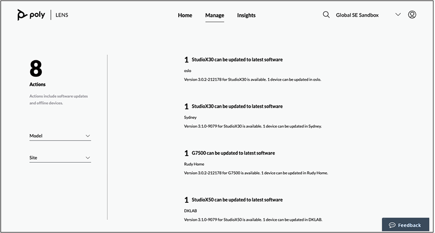 Poly Lens Manage > Actions page