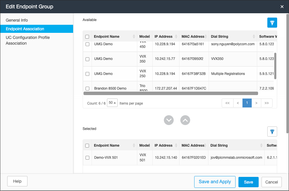 Screenshot of Edit Endpoint Group > Endpoint Association page